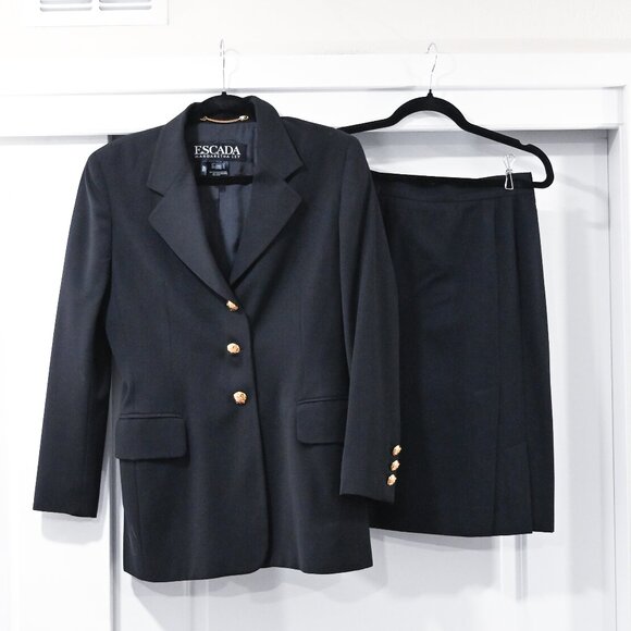 Escada Medium Dark Navy Black Suit Skirt Set with Gold Hardware - Picture 1 of 11